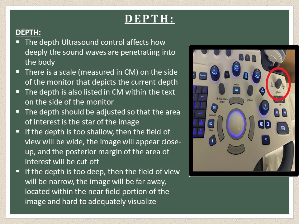 Image of the depth knob on an ultrasound console. Text describing how to adjust depth.