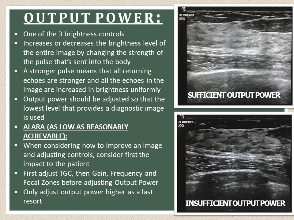 2 breast ultrasound images - one with insufficient output power applied and the other with sufficient output power level. Text describing the output power ultrasound control.